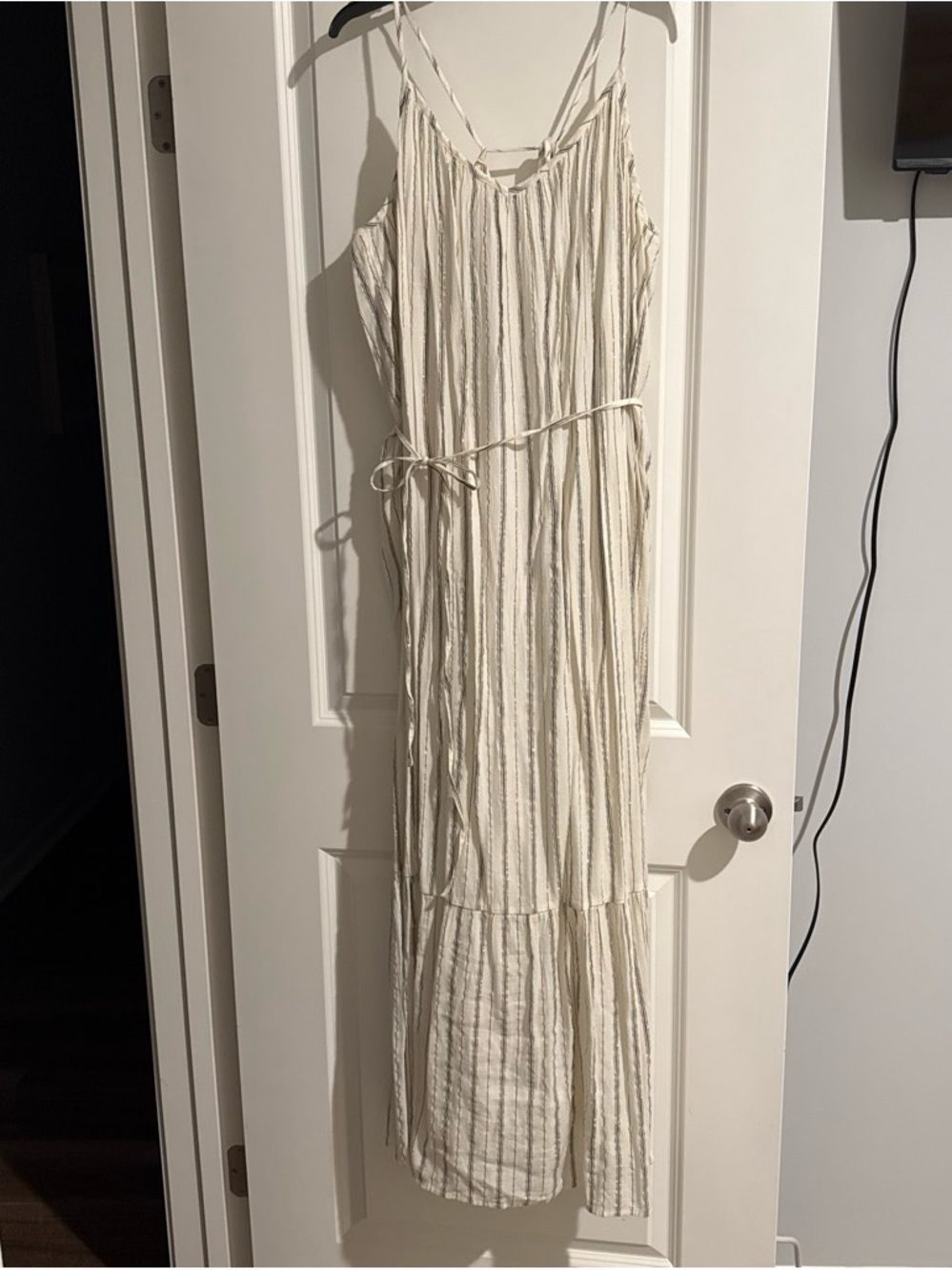 LOFT Cream Striped Maxi Dress with Tie Waist